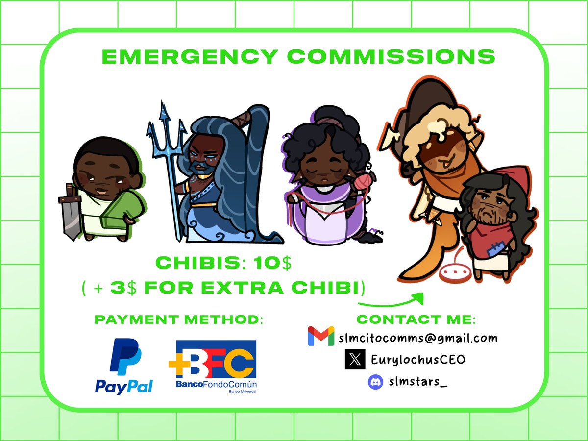 EurylochusCEO's tweet image. EMERGENCY C0MMISSIONS ‼️

I'm really sorry to bother u guys w this but the situation at my house right now is very difficult :( there's no money and we ran out of gas for cooking. I can only draw chibis for now, any form of support will be appreciated 🫂