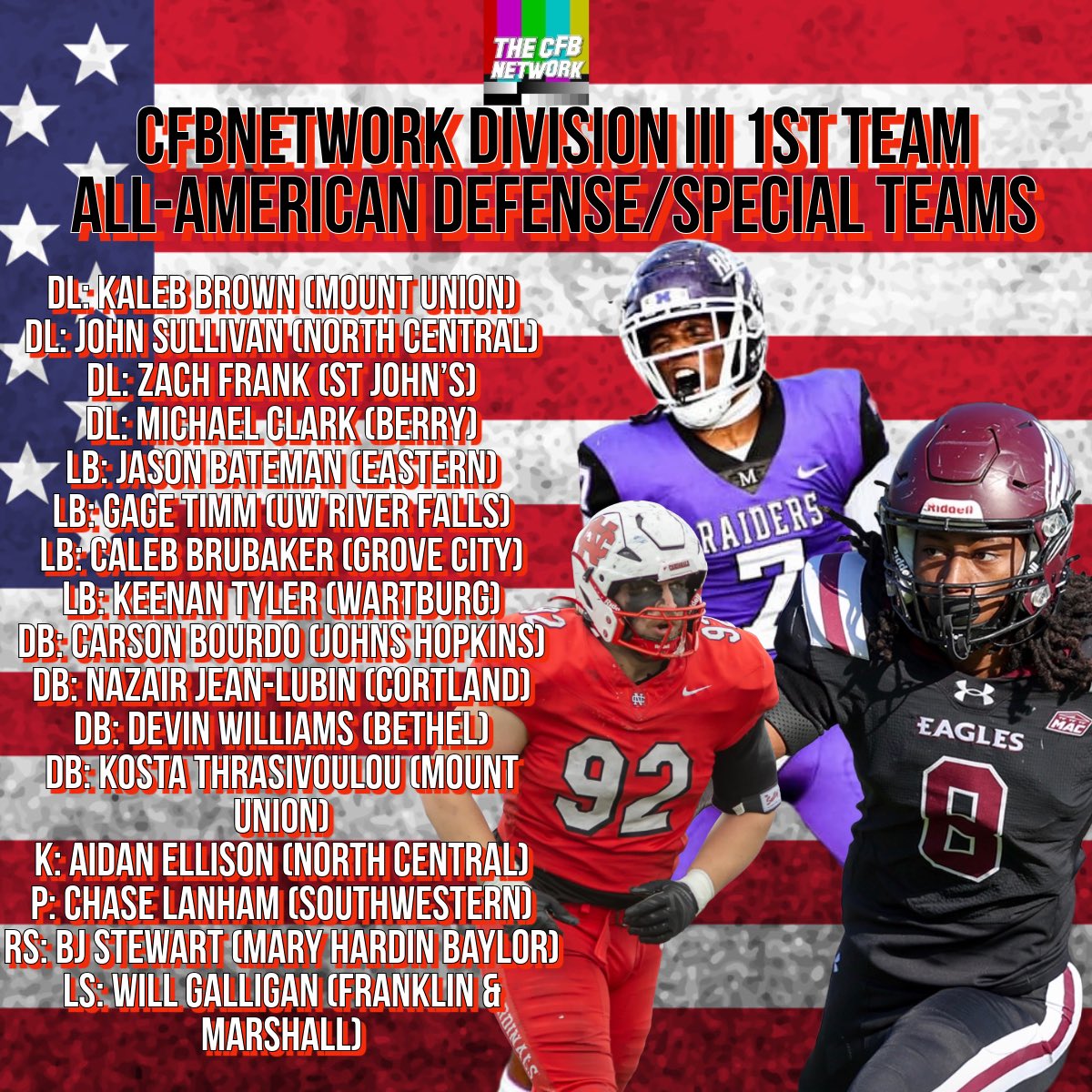 thecfbnetwork's tweet image. Here are this year’s CFBNETWORK Division III 1st Team All-American Defense/Special Teams selections