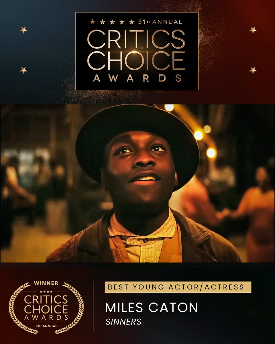 CriticsChoice's tweet image. Congratulations to Miles Caton, winner of the Critics Choice Award for Best Young Actor/Actress for Sinners.

@CriticsChoice #criticschoice #criticschoiceawards