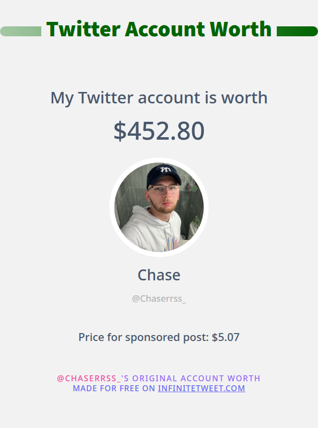 Chaserrss_'s tweet photo. My Twitter worth is: $452.80

➡️ https://t.co/0VaI1S6ISb https://t.co/BoDbxBrPO3