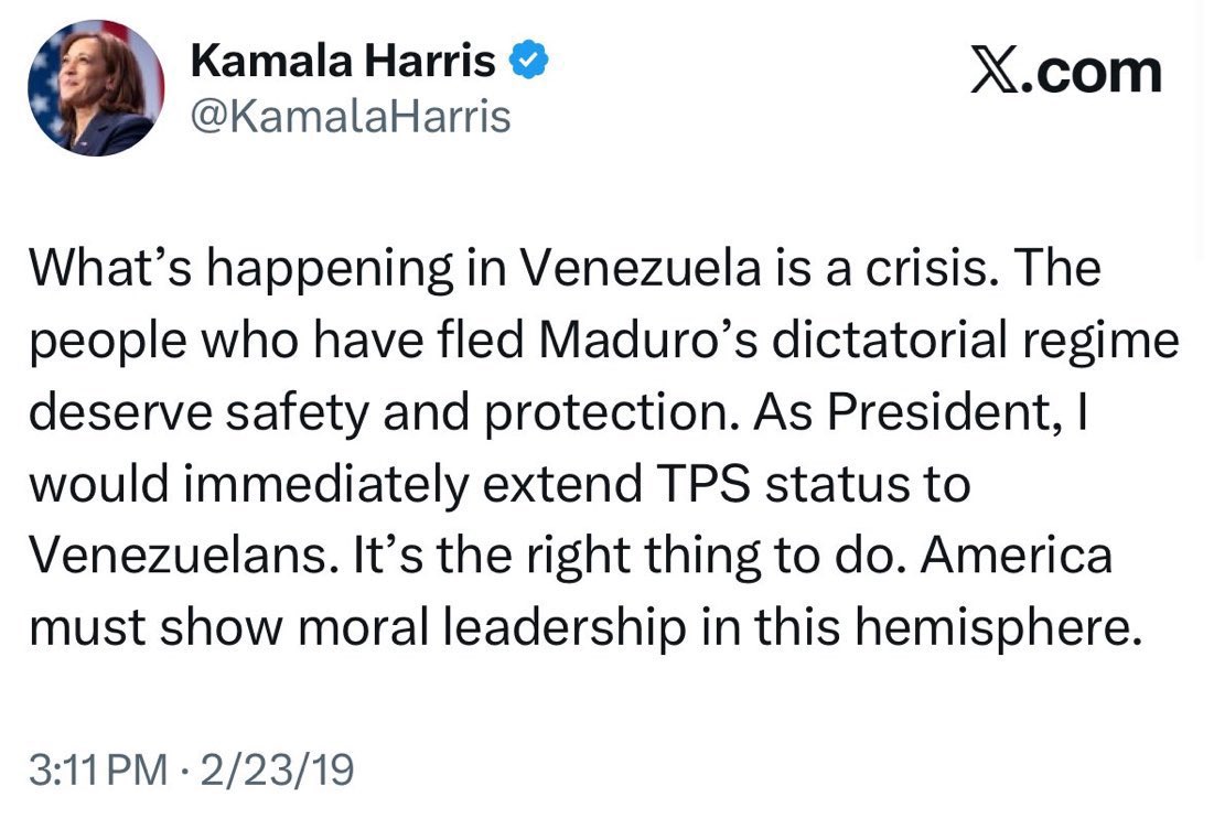 TaraServatius's tweet image. The difference between Democrats and Republicans:

Kamala Harris wanted to bring all 30 million Venezuelans to America to protect them from Maduro.  (That's what TPS is.)

Trump brought one man, Maduro, here instead.

Venezuelans have a 30% welfare use rate. 

Trump plans to…