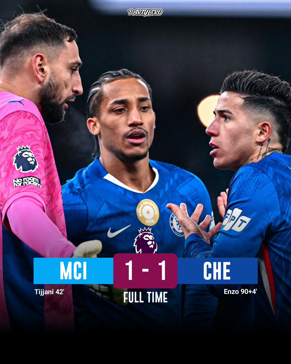 📍FULLTIME!

#MCICHE 1-1
⚽ Reijnders - Enzo
🅰️ -
🅱️ Enzo (+3), Reijnders (+2), Rodri (+1) 
🛡 Rodri, Cherki - Enzo, Chalobah

Congrats, Arsenal Juara Premier League?🤔