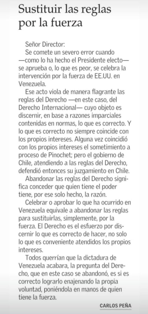 BorisYopo's tweet image. Rector, Carlos Peña, critíca a Presidente electo Kast por apoyar la intervención militar de Estados Unidos en Venezuela, porque ese apoyo vulnera nuestros principios básicos en política exterior ...muy mal comienzo de lo que será este nuevo gobierno ...léan  👌👇