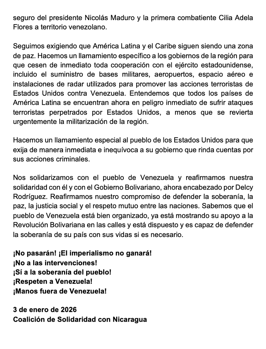 🔴 Declaración de Solidaridad con #Venezuela 

"Declaración de Solidaridad con Venezuela" emitida por la Coalición de Solidaridad con Nicaragua ayer 03 de enero de 2026