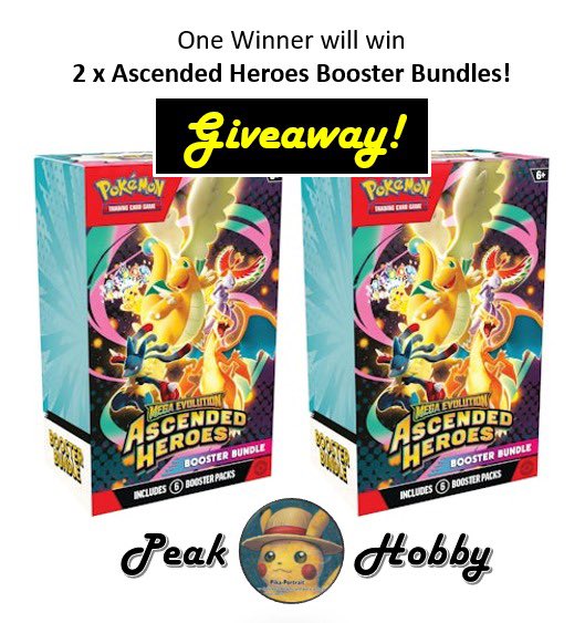 PokeTCGiveaways's tweet image. 🎁 ASCENDED HEROES GIVEAWAY 🎁 

One winner will win two booster bundles.

✅ Repost and like
✅ Follow us and @Peak_Hobby 
✅ Tag a mate / reply with your chase

🗓️ Winner will be drawn on 11th January.

#PokemonTCG | #PokemonGiveaways