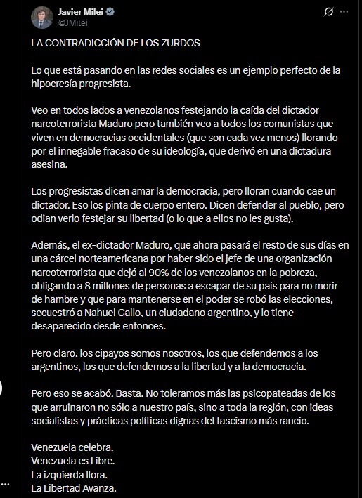 De: <a href="/JMilei/">Javier Milei</a> 
A: Todos los zurdos para que se relajen

👉"If rape is unavoidable, just relax and enjoy..."
👉Y porque Maduro está preso la traduciré: "Si la violación es inminente, disfrútala y gózala..."
😂
(P'tas, fijo que van a volver a retarme)🤦🏼‍♂️
RT
#VamosLaU #MaduroCapturado
