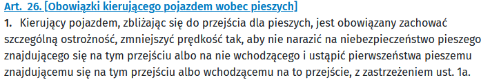 Alekxspl's tweet photo. @al5450368487721 @Stop_Cham Czytając art 26, nie znajduję "i jego okolice".  Norma nakazuje "zachować szczególną ostrożność", co do pieszego "znajdującego się na przejściu albo na nie wchodzącego"!
pieszy nie zachował szczególnej ostrożności (art. 3 PoRD), a kierowca zastosował się do art 4 PoRD. https://t.co/jDQMseUEjo