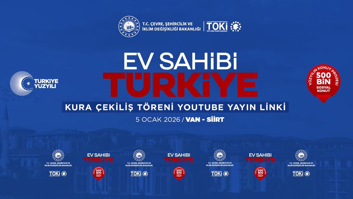🏘️ 5⃣0⃣0⃣ Bin Sosyal Konut Projesi Kura Çekiliş Töreni

➡️ Canlı Yayın Bağlantıları

📍 Van
🔗 youtube.com/live/iDNNBxQvW…

📍 Siirt
🔗 youtube.com/live/tH-GxkM7z…

Yüzyılın Konut Projesi