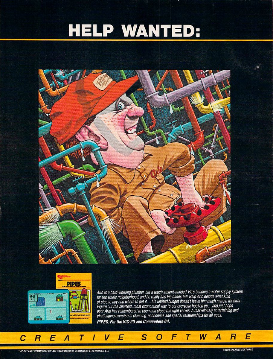 TakodanTweets's tweet photo. 1983 ad for the game "Pipes" by #CreativeSoftware on #VIC20 and #Commodore64 https://t.co/H0WP53cp4K