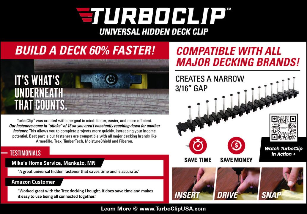 TurboClipDeck's tweet image. TurboClipUSA.com is a leading supplier of innovative decking products, offering state-of-the-art clips, fasteners, and tools. high-quality options, Providing efficient solutions for hassle-free and secure deck installation. #DeckingSolutions #Innovation #TurboClipUSA