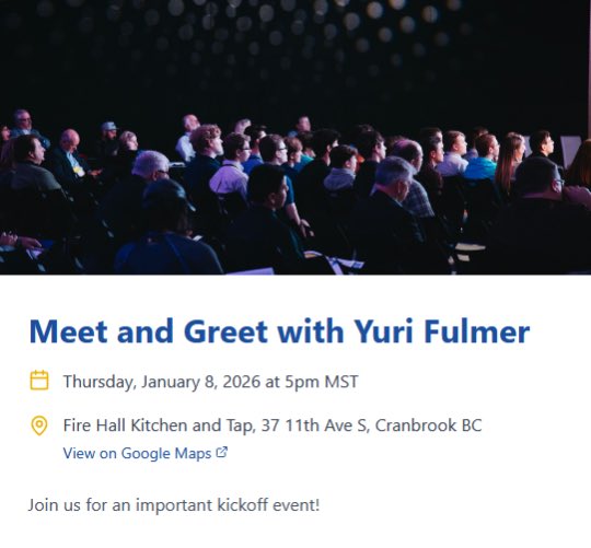 NEW - You don’t road test a leadership campaign by accident. Looks like Yuri Fulmer’s team is  organized and already moving with Cranbrook as the first stop this week. An official BC Conservative leadership announcement looks imminent. #bcpoli #cdnpoli