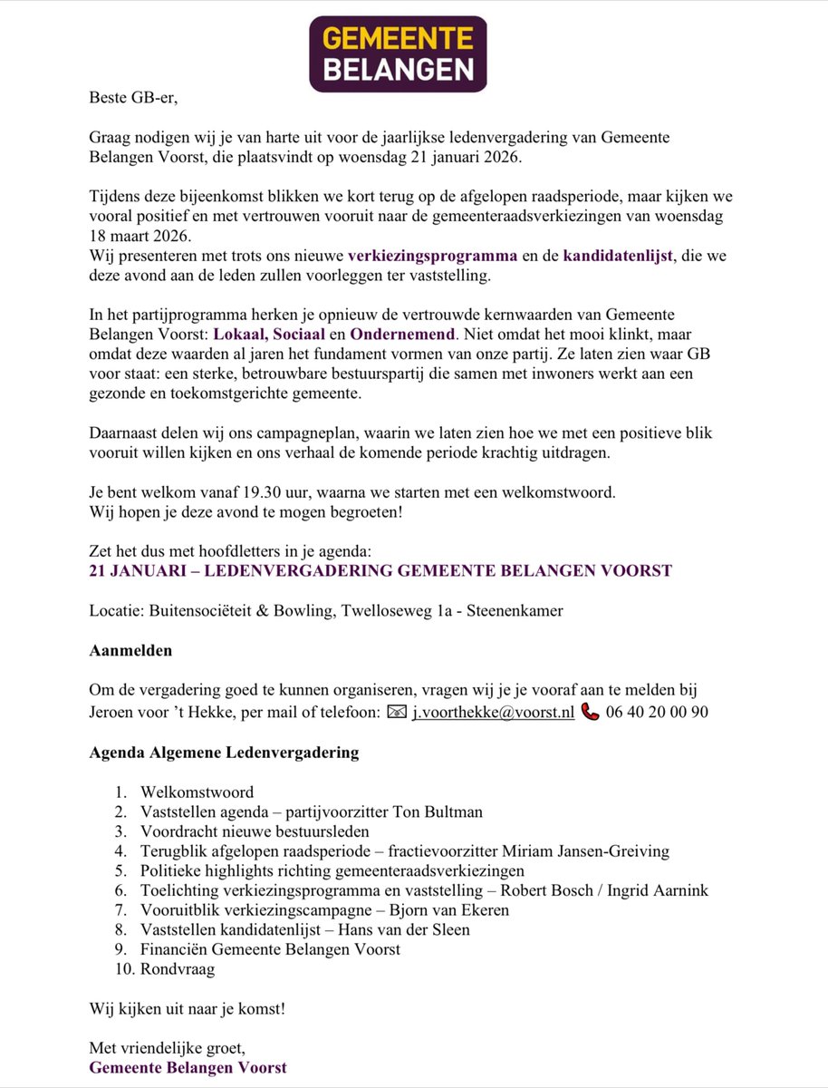 📣 𝗨𝗶𝘁𝗻𝗼𝗱𝗶𝗴𝗶𝗻𝗴 𝗹𝗲𝗱𝗲𝗻𝘃𝗲𝗿𝗴𝗮𝗱𝗲𝗿𝗶𝗻𝗴 𝗚𝗲𝗺𝗲𝗲𝗻𝘁𝗲 𝗕𝗲𝗹𝗮𝗻𝗴𝗲𝗻
Op 21 januari organiseren wij onze jaarlijkse ledenvergadering. Een belangrijke avond waarin we niet alleen terugkijken, maar vooral positief vooruit richting de gemeenteraadsverkiezingen