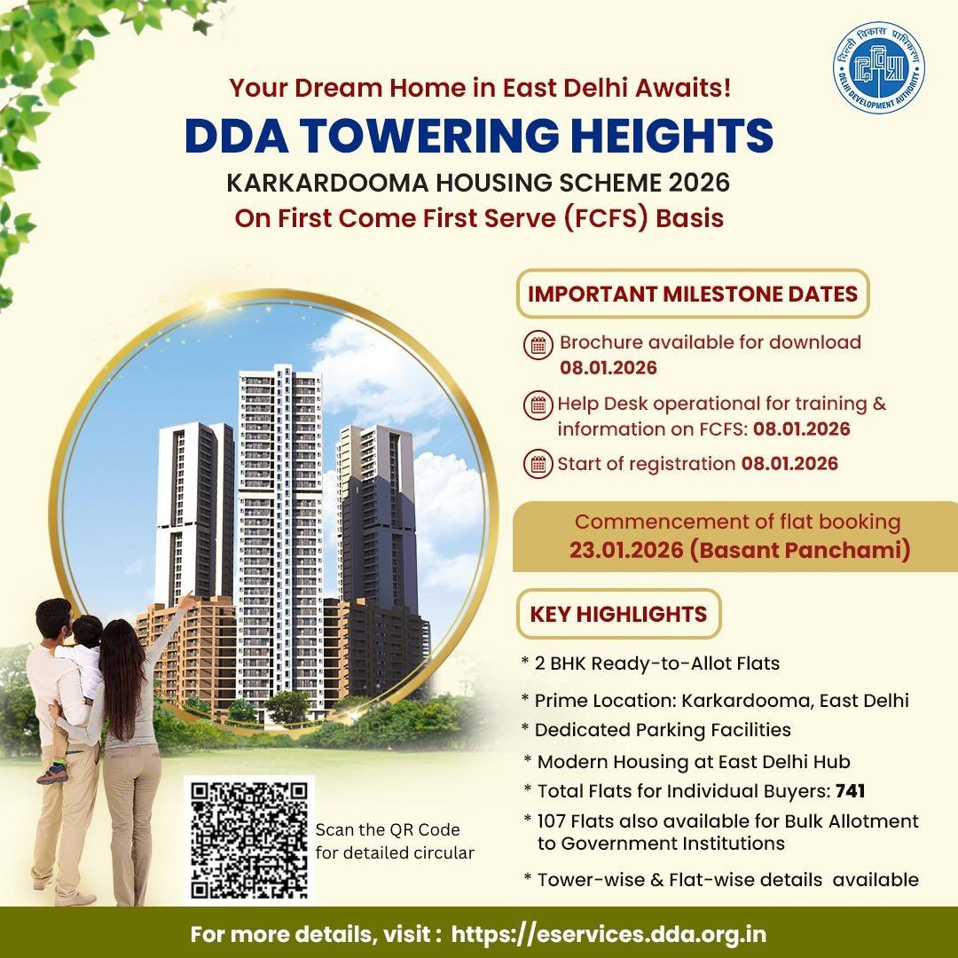official_dda's tweet photo. Your dream home in East Delhi is now within reach! 
DDA Towering Heights, Karkardooma Housing Scheme 2026 offers 2 BHK ready-to-allot flats on First Come First Serve (FCFS) basis. 
Don’t miss the opportunity to own a home in a prime location.
Scan the QR code for more details. https://t.co/4dryhKrSz9