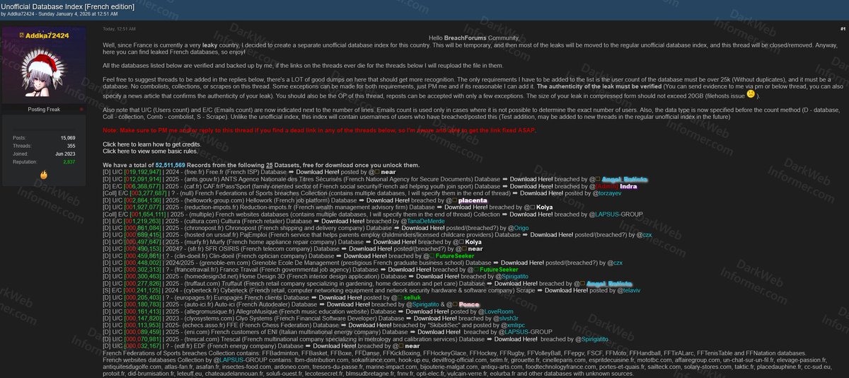 DarkWebInformer's tweet image. 🚨 Threat actor creates unofficial French database index containing 52,511,569 verified records from 25 datasets on a dark web forum.

📌 France 🇫🇷

Industry: Multiple
Type: Database Index
Threat Actor: Addka72424
Samples: Yes

The threat actor claims France is “currently a very…