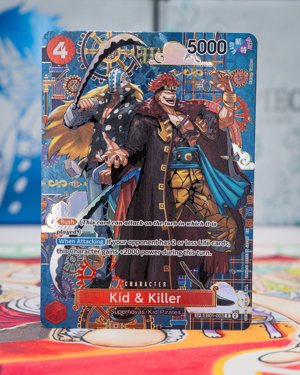 OPMerchandise's tweet image. Official in person photo of the ENG SP card for Kid &amp;amp; Killer for OP14-EB04 The Azure Sea’s Seven.

🇺🇸: January 16, 2026

#OnePiece 
#OnePieceCardGame