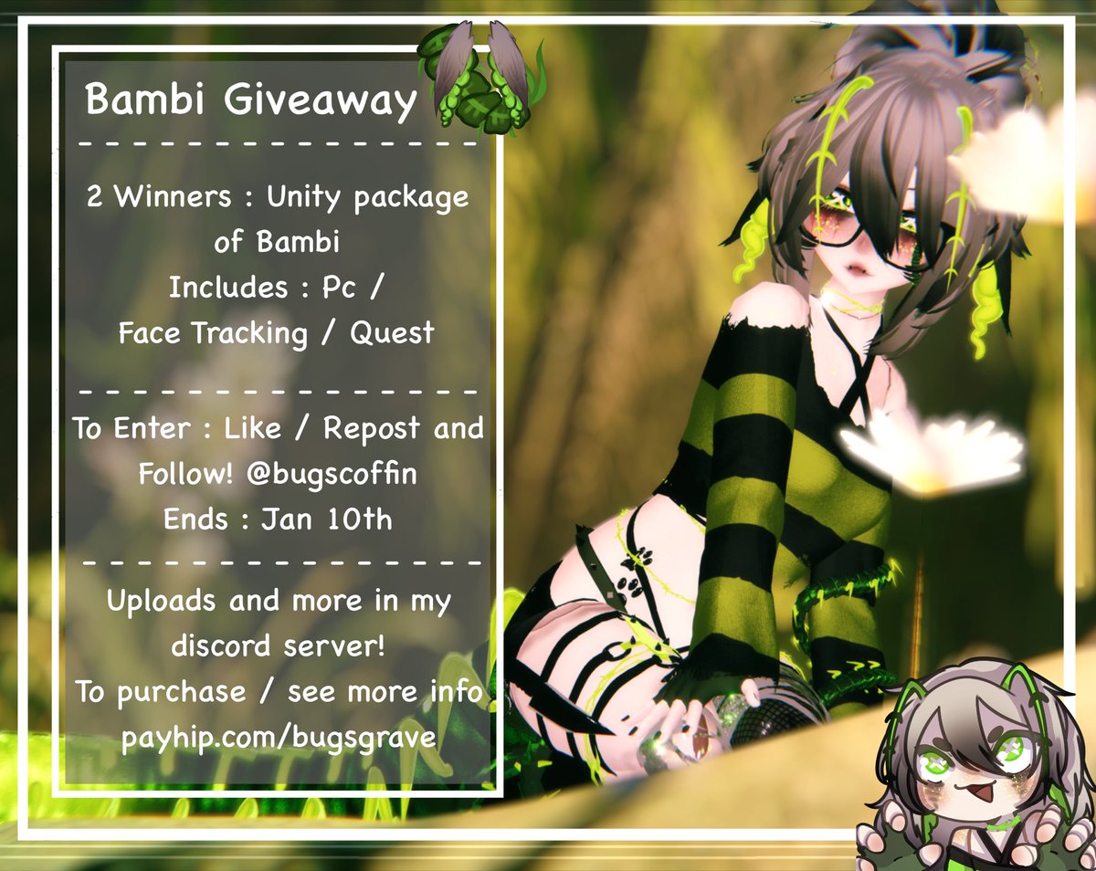 bugscoffin's tweet photo. Giveaway for 2 winners of my newest avatar Bambi! 
PC / NSFW / FT / Quest
Ends January 10th

#vrchat #BUGSavatar #VRCGiveaway https://t.co/NdacABcG8D