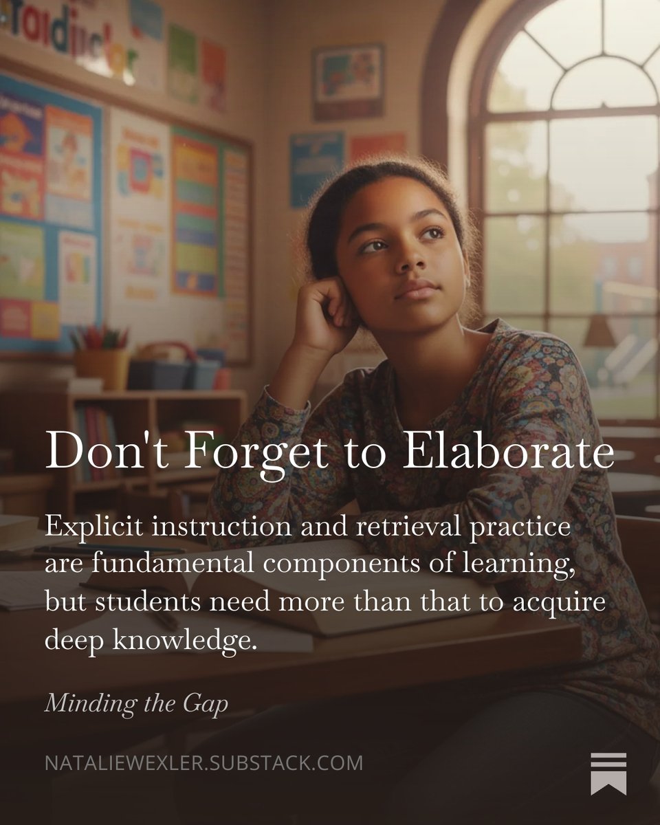 As cognitive science begins to catch on with educators around the world, is something important being overlooked?

Explicit teaching &amp; retrieval practice are crucial, but they're not enough to ensure deep understanding.

More in my new post:

nataliewexler.substack.com/p/dont-forget-…