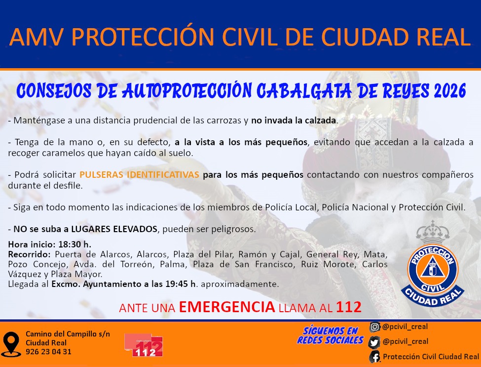 Desde @pcivil_creal recomendamos seguir las siguientes medidas de autoprotección para que la llegada de SSMM los Reyes Magos de Oriente a Ciudad Real transcurra de la forma más segura posible.
#CabalgataReyes
#EstamosPorTi
#CIudadRealSegura
#SiempreDisponibles