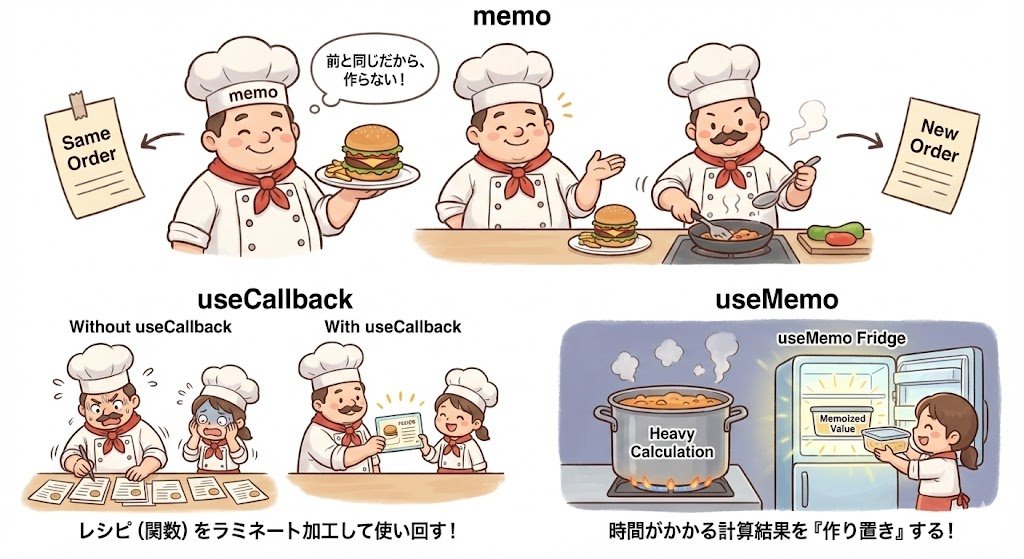 Image for the Tweet beginning: 2026/1/4デイトラ482日目😊
・ フロントエンド開発編DAY35/36途中  

実態のないものはイメージで理解しやすくなるので毎回AIでイメージ掴んで学習😊
不要な再レンダーを防ぐパフォーマンスチューニング3つを学習✨️
勉強時間約2時間45分 #デイトラ