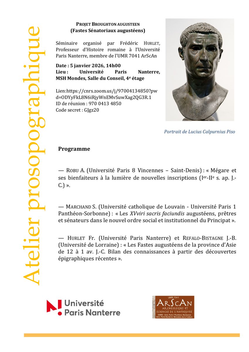 Actuellement dans le train pour aller parler des proconsuls d'Asie à <a href="/UParisNanterre/">Université Paris Nanterre</a> dans le cadre de l'atelier de prosopographie augustéenne de F. Hurlet : le séminaire entier sera retransmis (lien dans l'image ci-dessous). À cet après-midi !