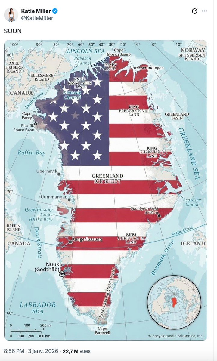 edwyplenel's tweet image. "Bientôt" : après le Venezuela, le Groenland… Sachant qui est Katie  Miller, engagée auprès de Trump de longue date et épouse de son principal conseiller à la Maison Blanche, ce post n'est pas un dérapage mais la confirmation de leur projet impérial illimité.