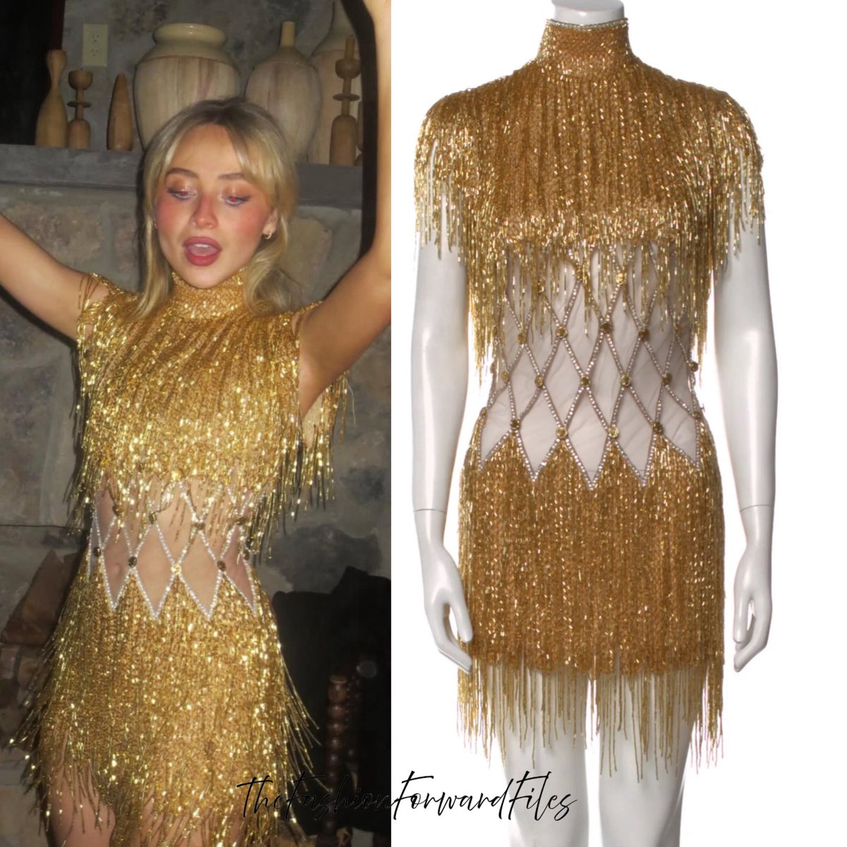 Sabrina carpenter wears a vintage Bob Mackie gold beaded fringe mini dress  - #bobmackie #sabrinacarpenter #sabrinacarpenterupdates  #sabrinacarpenteredit #sabrinacosplay
