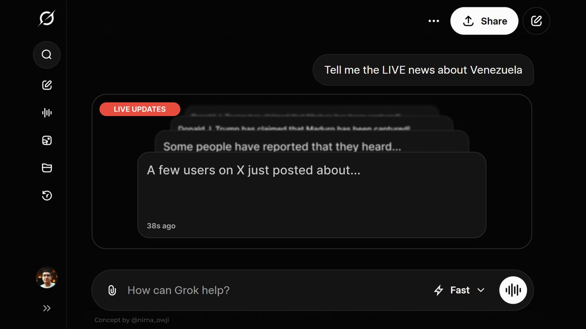 nima_owji's tweet photo. I think it'd be cool if GROK had a LIVE UPDATES feature powered by X REAL-TIME data!

Imagine asking Grok to give you some live news about a city or an event, and Grok keeps you updated!

Here's a concept! What do you think? https://t.co/TBaVrM4V9a