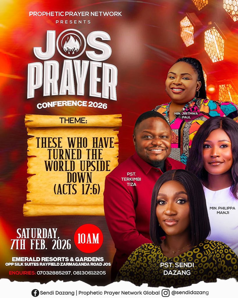 Get ready for an unforgettable experience! The Jos Prayer Conference 2026 is here!
Empowerment to do exploits for Christ. Heaven is about to touch the earth, and your life will never be the same!  
Check flyer for details
#JosPrayerConference2026
#JPC2026