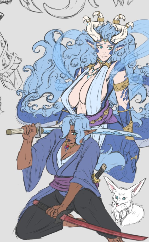 Redesign doodles~
Blue Dragon Goddess Nariko 🐉💙
The lighting Samurai Raza 💙⚡
And Raza's lil fox Kenko🤍🦊