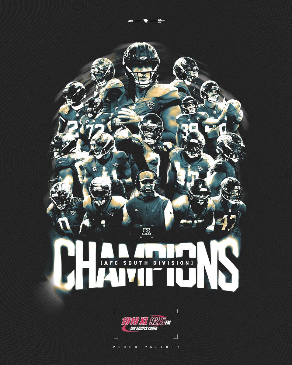 1010XL's tweet image. ON TOP OF THE SOUTH 👑

The Jaguars are the 2025 AFC South champs ‼️

#Jaguars | #DUUUVAL