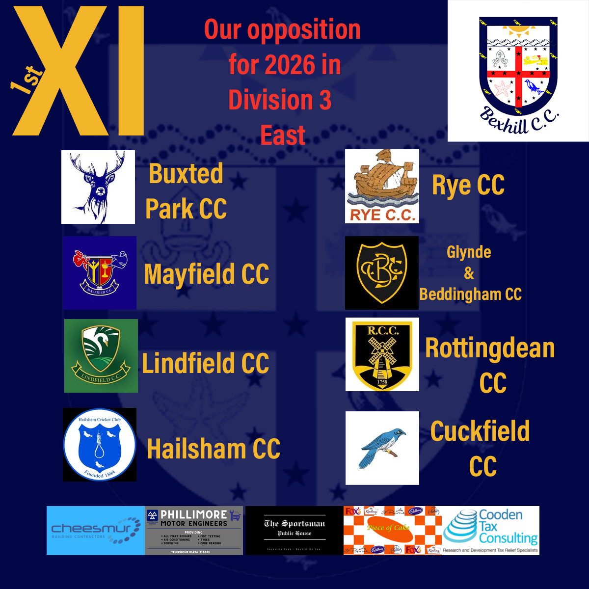 BexhillCC's tweet photo. 🏏 Season Update | 1st XI 🏏

As Bexhill Cricket Club look ahead to the season ahead, we’re proud to reflect on last year’s promotion and excited for the next challenge 💪
Our 1st XI will be competing in Division 3 East this season, and we’re delighted to be able to confirm our opponents for the coming campaign. We can’t wait to get started and test ourselves at the new level!

Bring on the 2026 season 👊🔥
#BexhillCC #CricketSeason #Division3East #Promotion #1stXI #ClubCricket #NewChallenge #UpTheClub