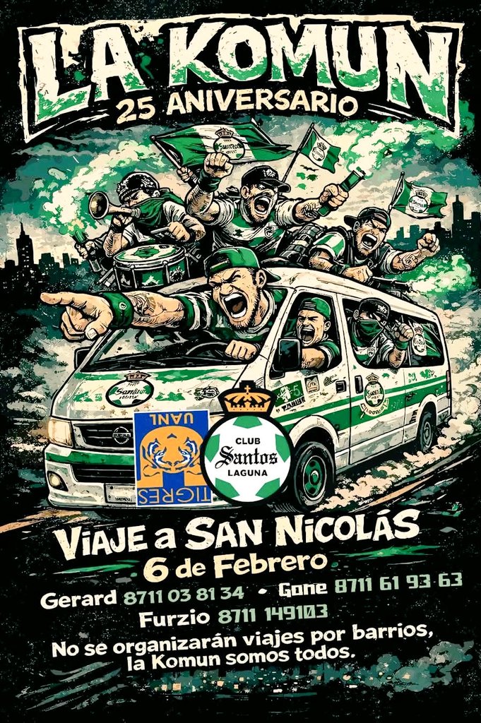 El 25 aniversario lo celebramos de visitante en cancha de Tigres, viaja con la banda de Santos Laguna y alienta a los Guerreros.