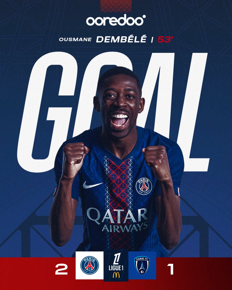 ⏱️ 53‘I OUSMANEEE DEMBÉLÉÉÉÉ 🔥
Nos Parisiens reprennent l’avantage 👊
 
#PSGPFC I 2-1