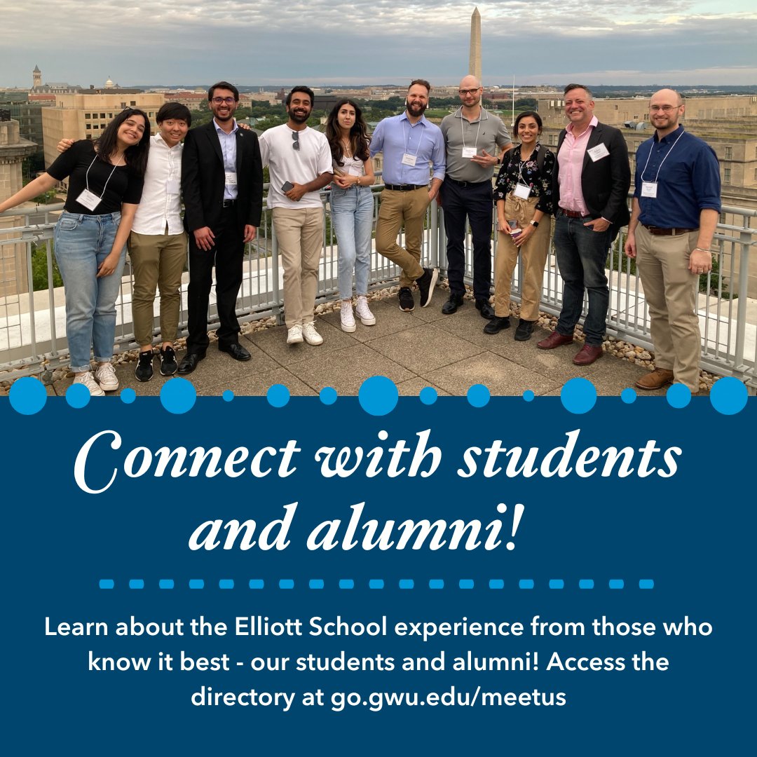 Learn about <a href="/ElliottSchoolGW/">The Elliott School</a> from the experts, #ElliottProud #alumni! Want to be connected? Find out how at ow.ly/7yJh30sRLpm