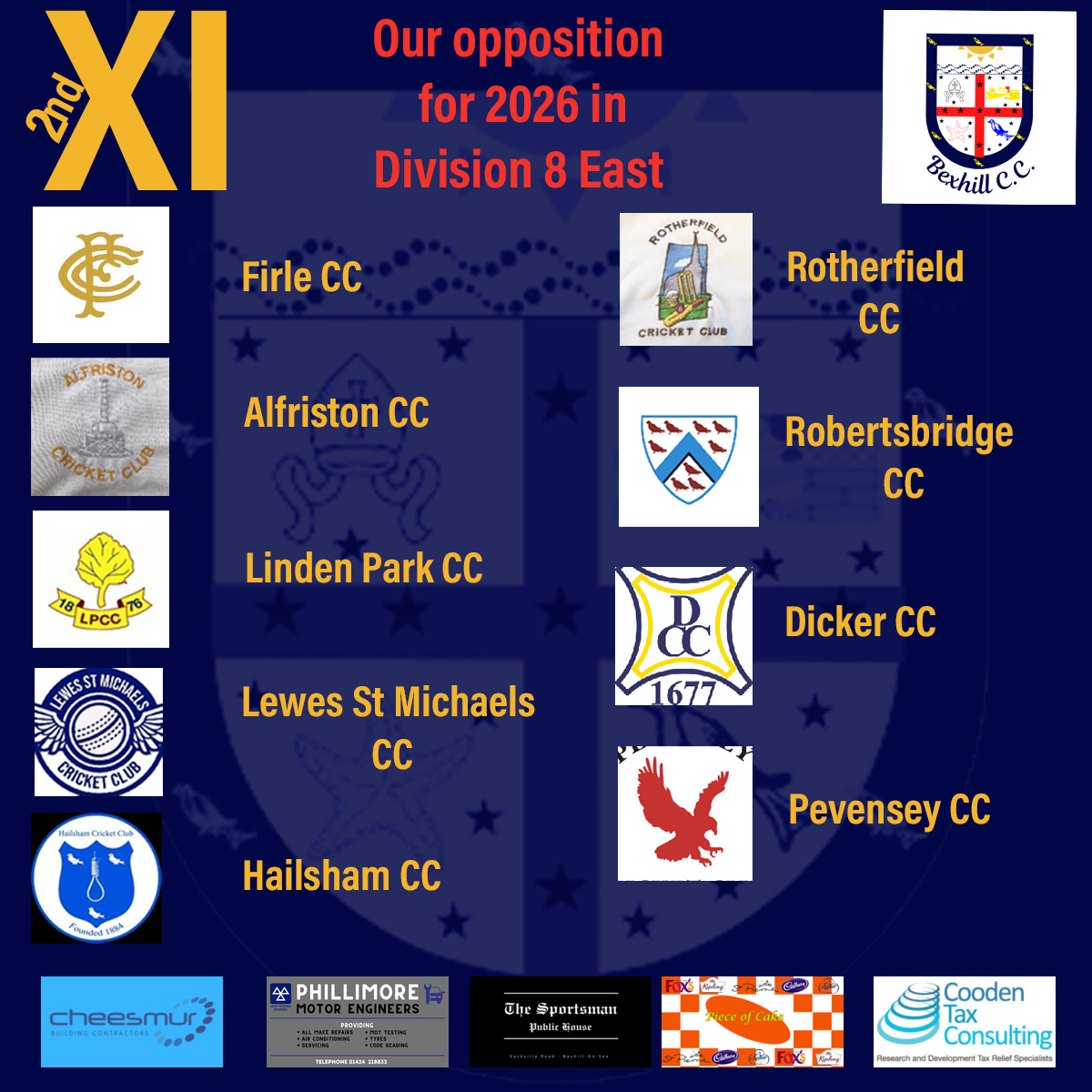 BexhillCC's tweet photo. 🏏 Season Update | 2nd XI 🏏

As Bexhill Cricket Club prepare for the season ahead, our 2nd XI are more determined than ever to bounce back after last year’s heart breaking relegation 💔➡️💪

This season, the 2nd XI will be competing in Division 8, and we’re delighted to be able to confirm our opponents for the upcoming campaign. The hunger is there, the squad is focused, and the aim is clear, respond the right way and push forward together.

Let’s go again 👊🔥
#BexhillCC #2ndXI #BounceBack #Division8 #ClubCricket #NewSeason #Determination #UpTheClub