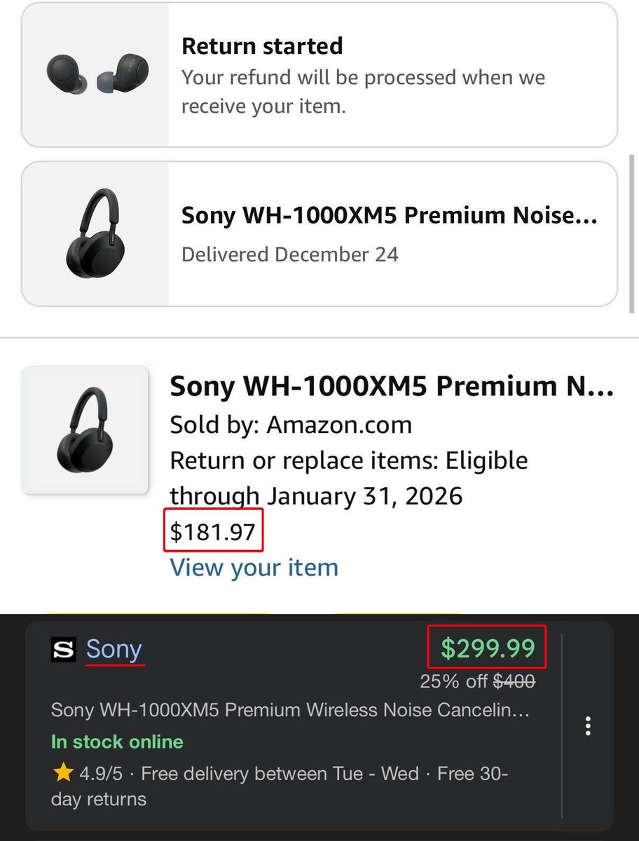 Pricerrors's tweet photo. New Amazon Method??

Amazon sold the Sony XM5 headphones for $248 and included free earbuds

You could return the “free” earbuds and get $66 back

So the headphones really cost you $182 (Currently $299 on Sony)

Save this: This should work on any free item promo on Amazon https://t.co/1NKw7Z28k6