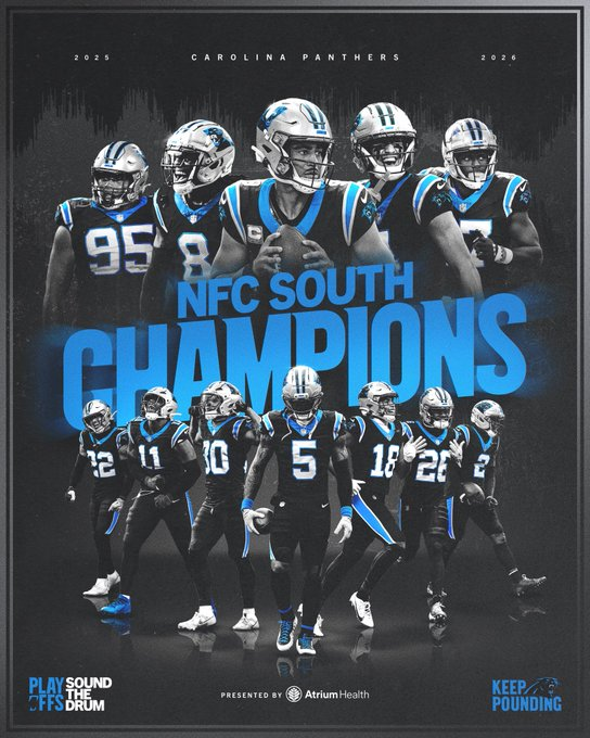 Panthers es campeón divisional por 1ra vez desde 2015

Atlanta forzando el triple empate en 8-9 dentro de la división le da el titulo de la NFC Sur a Carolina por tener mejor record (3-1) en partidos entre si

Muy suigéneris pero Canales ha conseguido la división en su 2do año