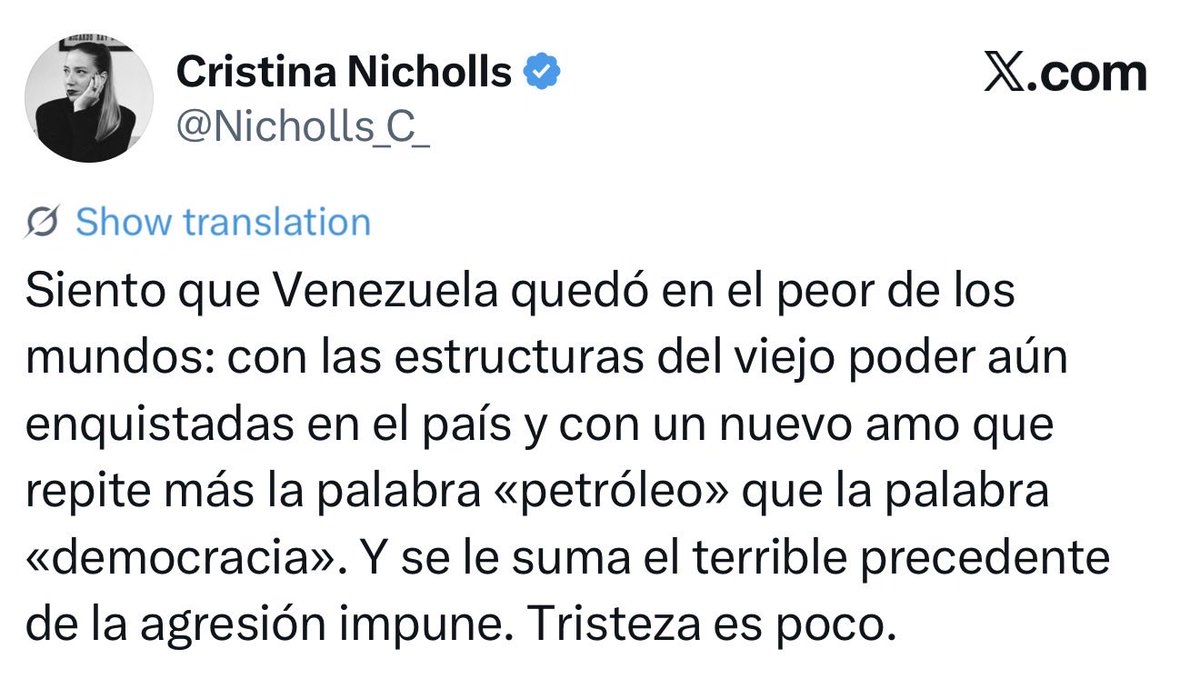 ElsaRondon's tweet photo. @avelasquez1984 @Nicholls_C_ Pues a mí parecer -evidentemente sin conocerla y guiándome solo por sus tweets- este tipo de comentarios muestran ignorancia sobre la situación político-social venezolana y no menos importante, falta de empatía. https://t.co/n5aEF3eZOe