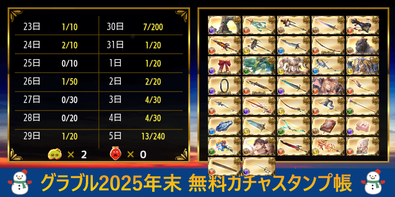 グラブル2025年末 無料ガチャスタンプ帳　　

今年の無料ガチャはまぁ良かったかな
グランブルーファンタジー.gamewith.jp/article/show/5…