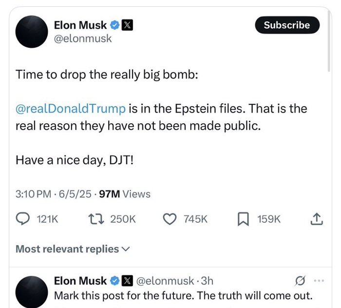<a href="/elonmusk/">Elon Musk</a> <a href="/POTUS/">President Donald J. Trump</a> <a href="/FLOTUS/">First Lady Melania Trump</a> So does this mean you no longer intend to drop the Epstein bomb on Trump?