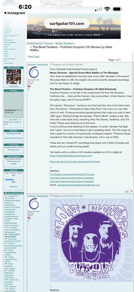BloatFloaters's tweet image. Big shout out to Mark of Mark Malibu &amp;amp; the Wasagas, for this kick ass review of our 2nd album, &amp;amp; Colorado Instrumental Fanzine. Mark completely got what we were putting ⬇️, including the raw DIY sound, $ our 60’s Influence. Head on over to surfguitar101.com/forums/topic/4… to check it out.