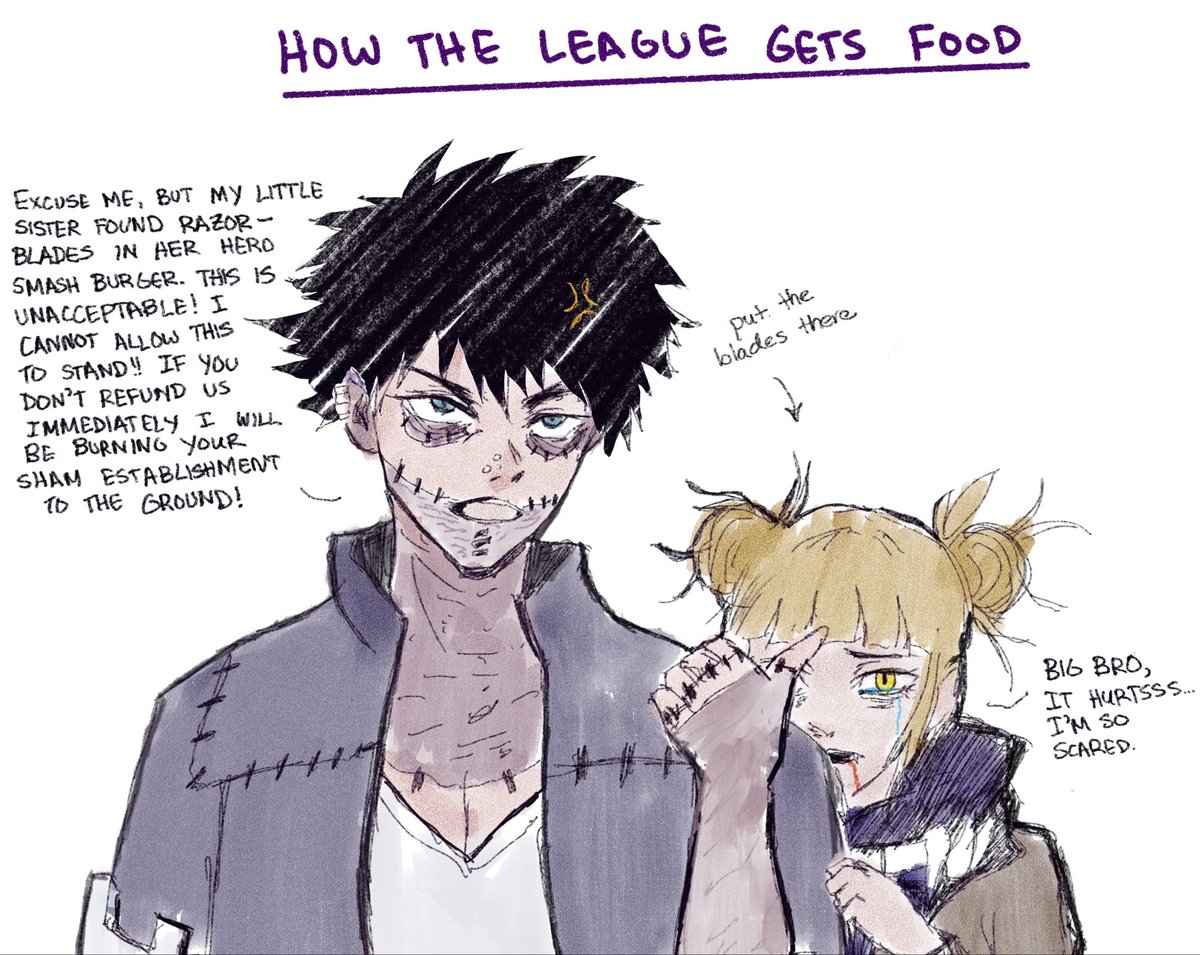hoshiumisexy's tweet image. how the league went about scamming for food featuring #dabi and #toga another scribbly