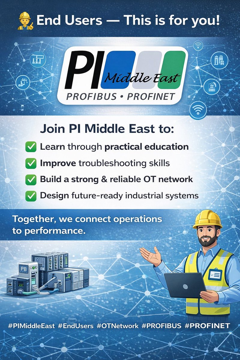profime's tweet photo. 👷‍♂️ End Users!! This is for you!
Join PI Middle East to:
✅ Learn through practical education
🛠️ Improve troubleshooting skills
🌐 Build a strong &amp; reliable OT network
📐 Design future-ready industrial systems
Together, we connect operations to performance.
#PIMiddleEast #EndUsers https://t.co/dh6WHqSoU4
