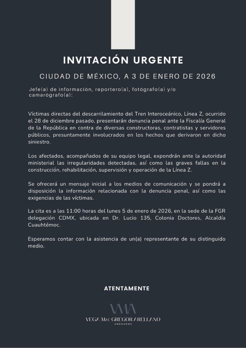 Denuncia penal contra quienes resulten responsables del accidente del #TrenInteroceanico de la 4T de Claudia Sheinbaum (<a href="/Claudiashein/">Claudia Sheinbaum Pardo</a> ). 

Víctimas del descarrilamiento del Tren Interoceánico (Línea Z) presentarán este lunes 5 de enero de 2026 una denuncia penal ante la FGR.