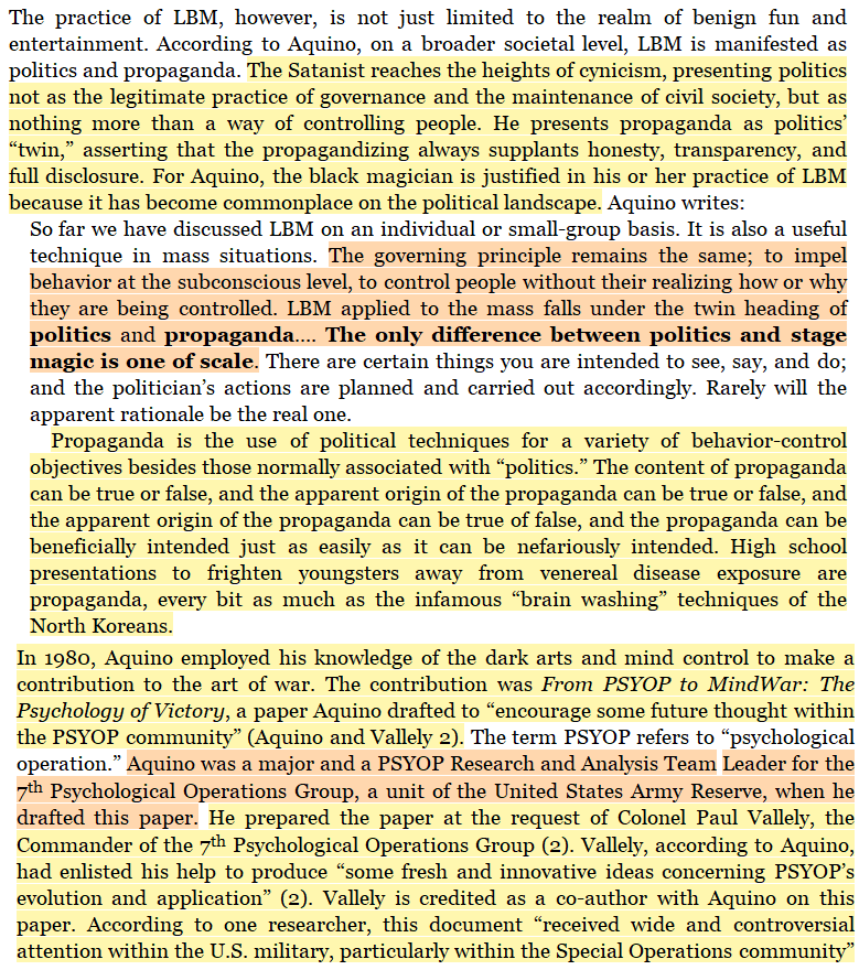 toxictiramisu's tweet image. Michael Aquino, a US Army PSYOP officer &amp;amp; Satanist, fused his occult practice of Lesser Black Magic (manipulation/behavioral prediction) with military strategy, proposing to the US military a doctrine called MindWar: continuous psyops targeting enemies/domestic populations alike.