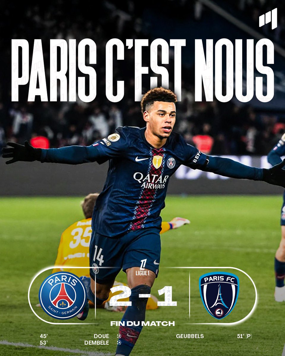MediaParisien's tweet image. ⏱️ 90’| FIN DU MATCH ET VICTOIRE DU PSG DANS CE DERBY PARISIEN !

⚽️ Désiré Doué.
⚽️ Ousmane Dembélé.

❤️💙 PARIS C’EST NOUS ! 

🤔 Votre avis sur ce match ?

#PSGPFC