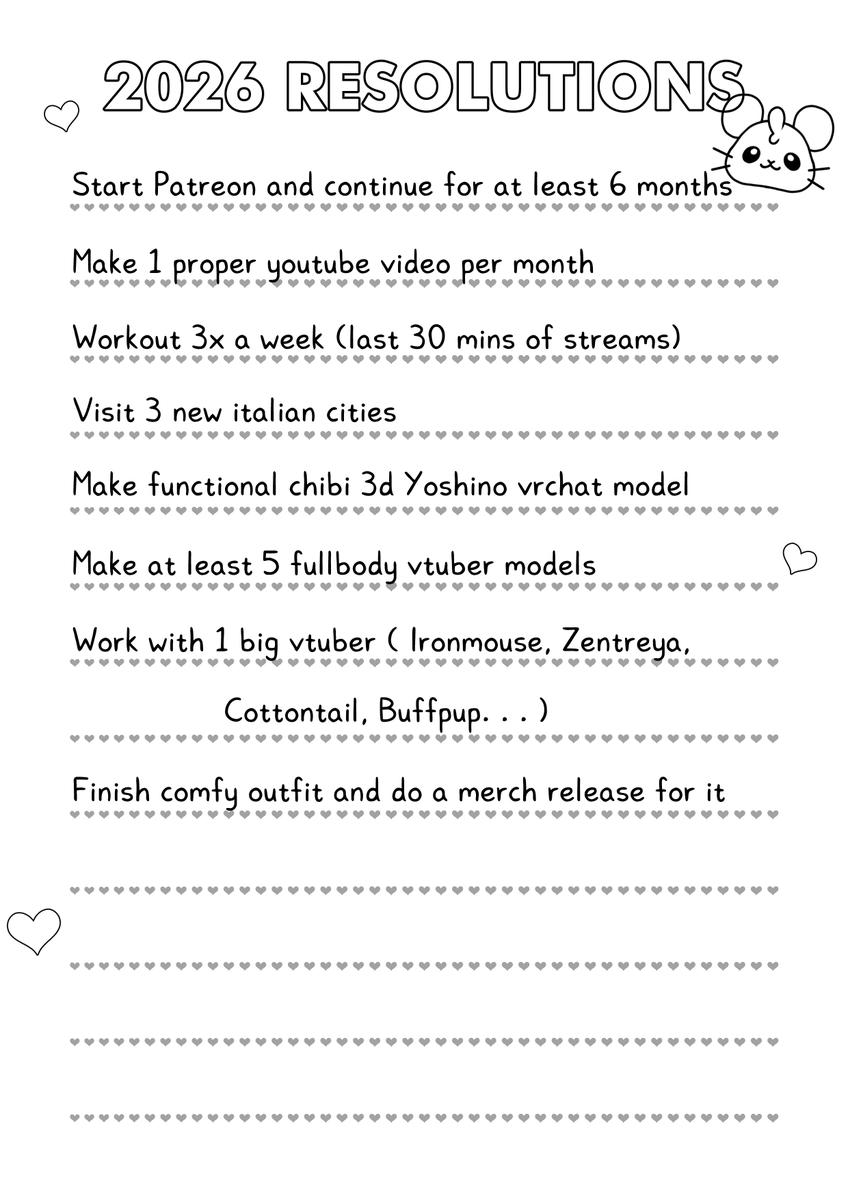 Happy New Years everyone 💖

Did you write your resolutions already? These are mine ✨
I tried to write proper actual goals I can take action and work on, rather than "reach x followers here and there"
Will print this and hang it in my studio 

2026 IS GONNA BE EPIC!!!