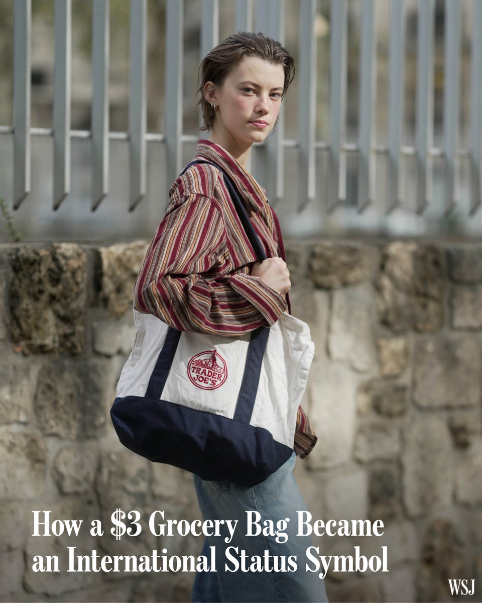 WSJ's tweet image. Trader Joe’s totes are being carried in Seoul, Melbourne and Tokyo. Because there are no Trader Joe’s stores abroad, the bag are listed platforms like Depop, eBay and Korea’s Karrot market for up to $10,000. 

🔗: on.wsj.com/49DdziW