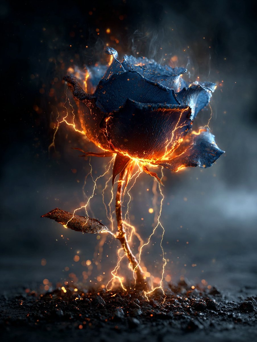 RobotCleopatra's tweet image. PROMPT TO ART
a blue flower with orange edges, emitting light and smoke, standing on the ground, is surrounded by lightning-like golden lines that form the background color of dark gray has an ethereal effect. high-definition photography style.