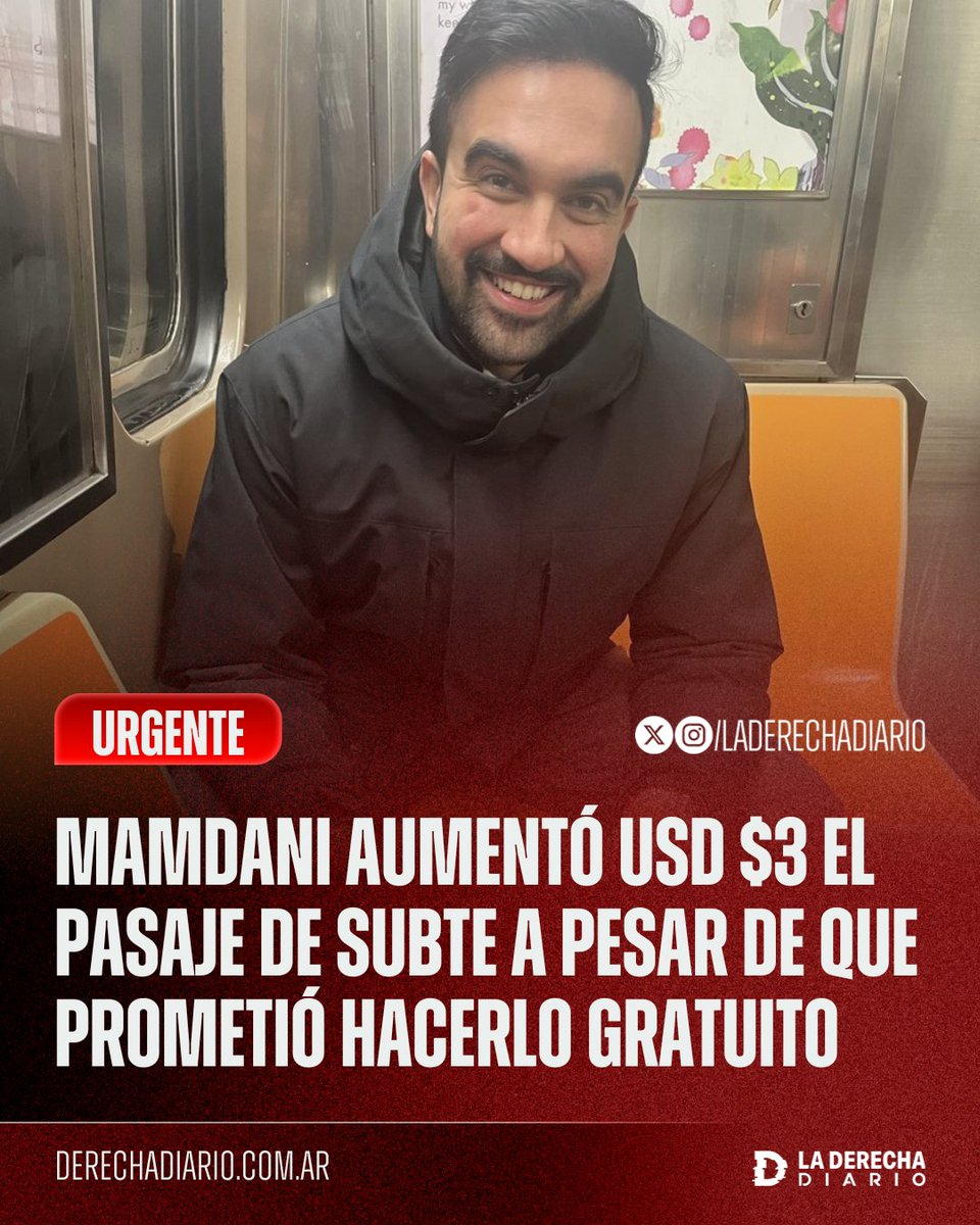 🚨🇺🇬🇺🇸 | DISFRUTEN LO VOTADO: El alcalde comunista musulmán Zohran Mamdani estafó a sus votantes y aumentó en tres dólares el pasaje del tren subterráneo de Nueva York, a pesar de haber hecho campaña para hacer el transporte público "gratis".